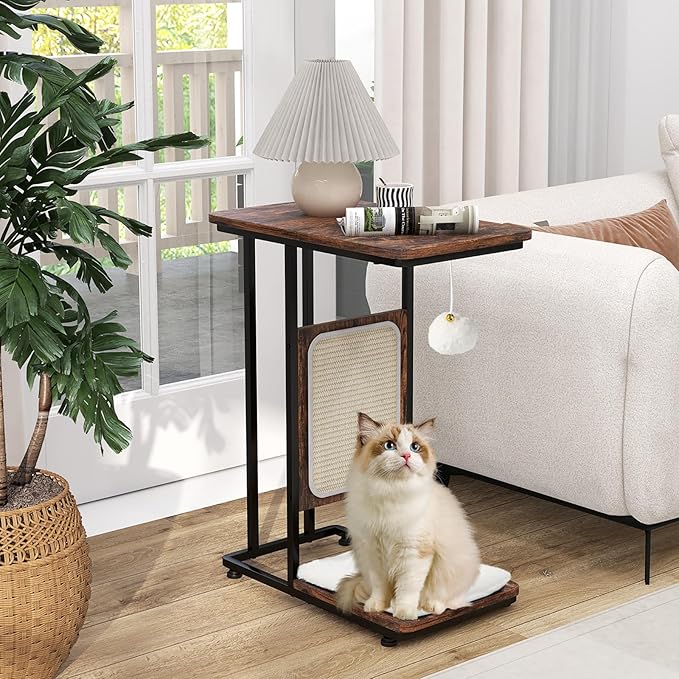 Giantex Cat Scratcher Side Table, C-Shaped End Table with Cat Scratching Board, Washable Cushion, Jingling Ball, Metal Frame, Couch Table Cat Tree Tower for Living Room Bedroom, Rustic Brown