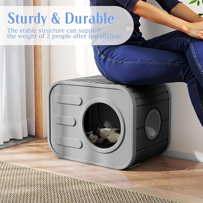 Insulated Outdoor Cat House,Plastic Feral Cat Houses for Outdoor Indoor Cats with Camera Appearance & Large Door,Stackable Cat Houses & Condos,Spacious Cat Bed Cave,Easy to Clean,Black