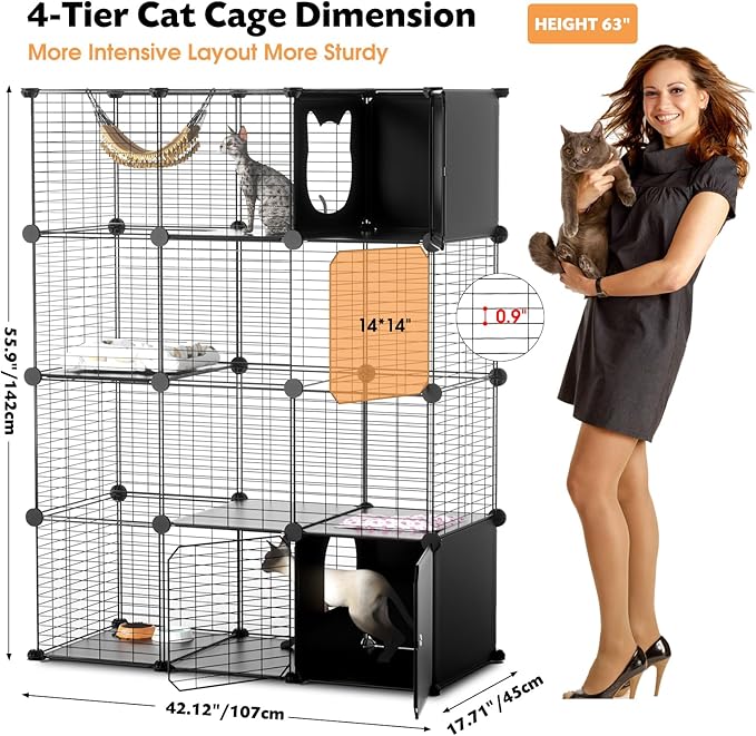 PAWING Cat Enclosure Indoor with Litter Box, 4-Tier Metal Wire Cat Cage, DIY Detachable Design for Cats, Kittens & Small Animals, Multi-Level Kennel