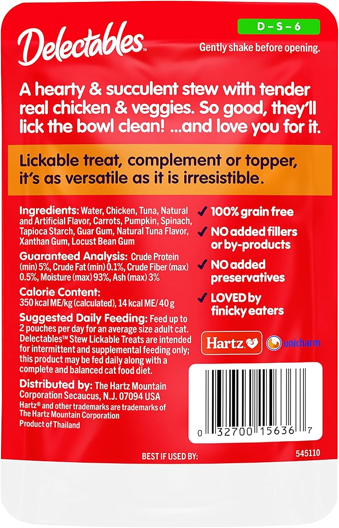 Delectables Lickable Treat Stew Wet Cat Treat with Real Tuna & Shrimp, Food Topper, Hydrating, Grain-Free, No Fillers, No By-Products, No Added Preservatives, 1.4oz Pouch, 12ct