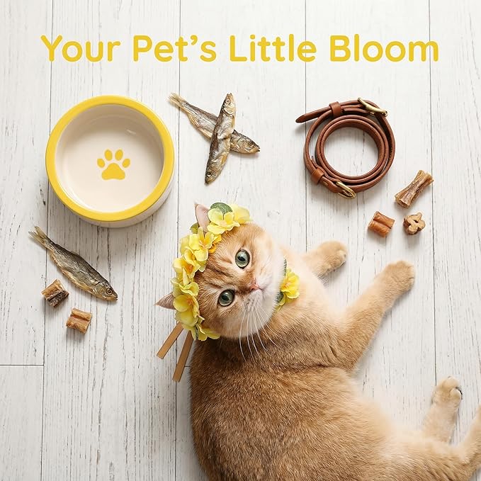 Yellow Floral Pet Crown for Cats and Rabbit, Adjustable Flower Headpiece with Ribbon Tie, Silk Flowers, 3D Surround Design