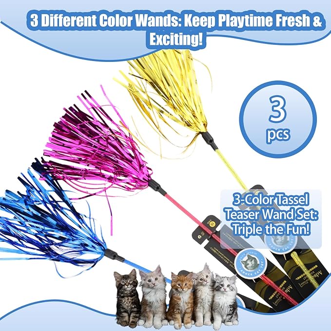 ADUCK 3 Pack Cat Wand Toy for Indoor Cats, 22-Inch Interactive Tassel Teaser Kitten Toy for Exercise and Play, Durable PE Wand Chaser Without Loose Parts (Gold, Blue, Pink)