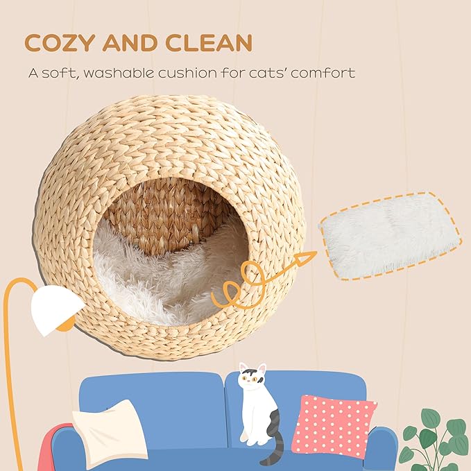 PawHut Cat Wall Furniture, Wall Mounted Cat Condo with Washable Cushion, Cat Wall Shelf for Indoor Cats Kittens, Natural Wood