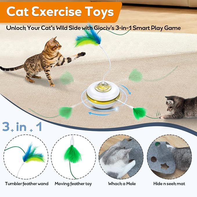 Cat Toys Interactive Cats Exercise Toys Spin Feather for Cats Like to Hunt, Touch Activate Mode Whack A Mole Felt Cover Toy