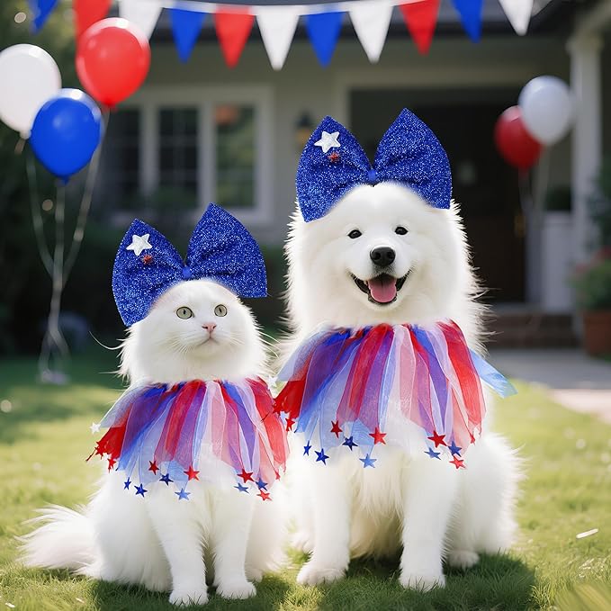 2 Pcs 4th of July Dog Outfit Cute Pet Bow Headband and Collar for Small Medium Dog Cat Independence Day Party Accessories