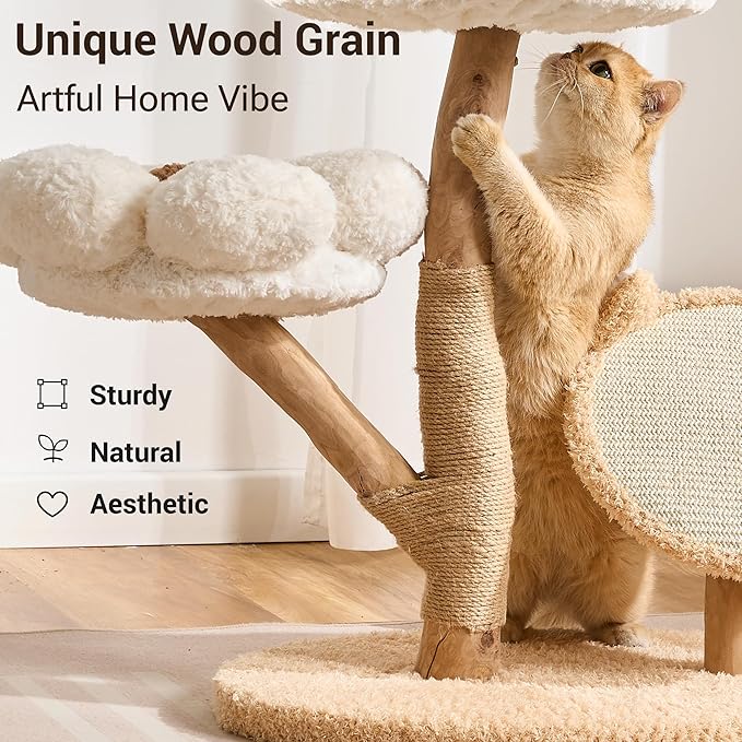 Aesthetic Flower Cat Tree Tower with Scratching Post for Indoor Cats, 30" H Modern Cat Tree with Natural Solid Wood Branch, Fluffy Cat Beds Removable & Large Scratching Board, Dreamy Blue