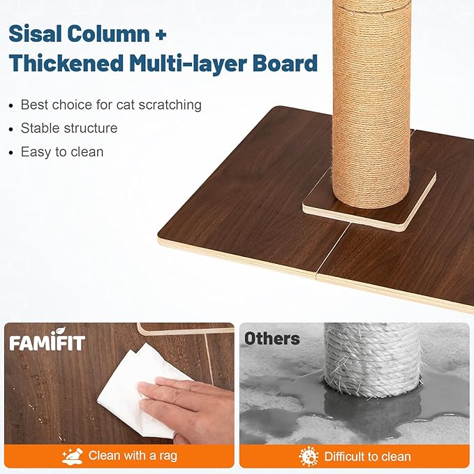 Cat Scratching Post, Retro-Style Tall Cat Scratcher Tower with Removable Gray Fluffy Cusion Perch, Natural Pine & Sisal Cat Scratcher for Indoor Cats, Large