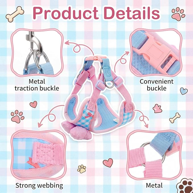 Cat Harness and Leash Set for Walking Escape Proof Adjustable Kitten Harness Soft Comfortable Vest with Bow for Kitty Bunny Walking Traveling Easy to Wear Small Pink