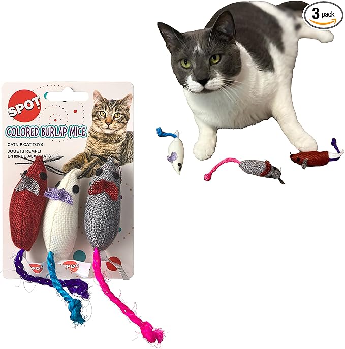 SPOT Burlap Mice Cat Toys, Interactive & Durable Catnip Toys for Indoor Cats & Kittens, Perfect for Hunting & Play, 3-Inch, Assorted Colors, 3 Pieces