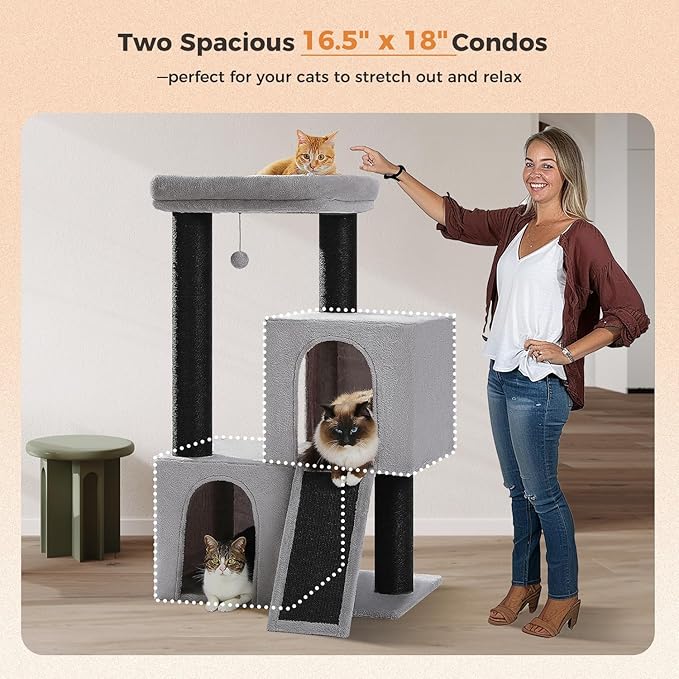 MUTTROS Heavy Duty Cat Tree for Indoor Cats Adult, 45-Inch Cat Tower with Sisal Scratching Ramp, 2 Cat Condo for Extra Large Cats, Big Top Perch, 3 Thick Black Scratching Posts (φ4.3) -Gray