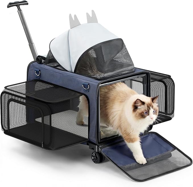 3-Sided Expandable Pet Cat Carrier with Wheels & Hammock, 24-Inch Soft-Sided Portable Rolling Pet Carrier for Large Cats, Medium & Small Dogs, Detachable for Travel, Camping, Outdoor Walks