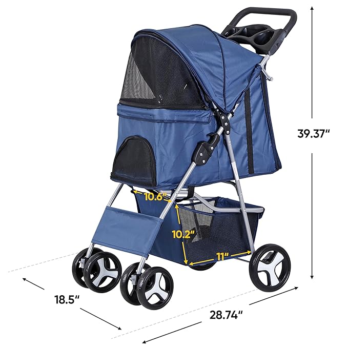 4 Wheels Foldable Pet Dog Cat Jogger Stroller Travel Carrier Strolling Cart w/Waterproof Cover Storage Basket Cup Holder & Removable Liner for Medium Small Cat Dog, Navy Blue