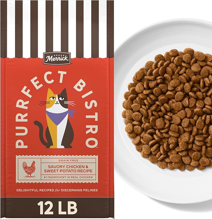 Merrick Purrfect Bistro Grain Free Chicken and Sweet Potato Recipe Natural Dry Cat Food for Adult Cats, High Protein, Outdoor or Indoor Cat Food - 12 lb. Bag