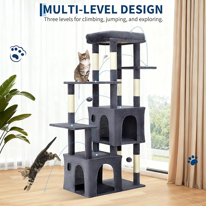 61.4 Inch Cat Tree, Large Cat Tower with Sisal Scratching Posts, 2 Spacious Cat Beds, Hanging Ball & Top Perch, Ideal for Large Indoor Adult Cats, Dark Gray