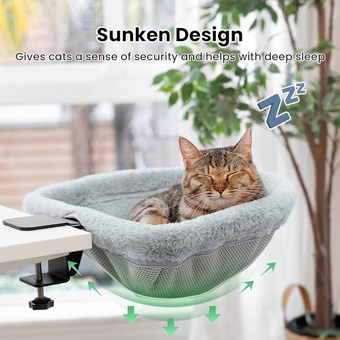 JUNSPOW Cat Desk Bed - One-Click Folding,Sunken Design & Space-Saving Semi-Circular Cat Bed, Soft Faux Rabbit Fur Material, Suitable for Various Desktops-Maximum Hold Up to 40lb