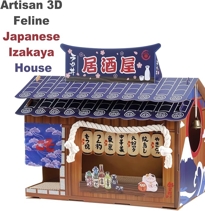 Cardboard Cat House with Scratcher – Japanese Izakaya Style, 22" L×15" W×19" H, Indoor Cat Playhouse & Hideout, Corrugated Cat Scratch Toy for Cats up to 33 lbs, Small Pets, Cute Home Decor Gift