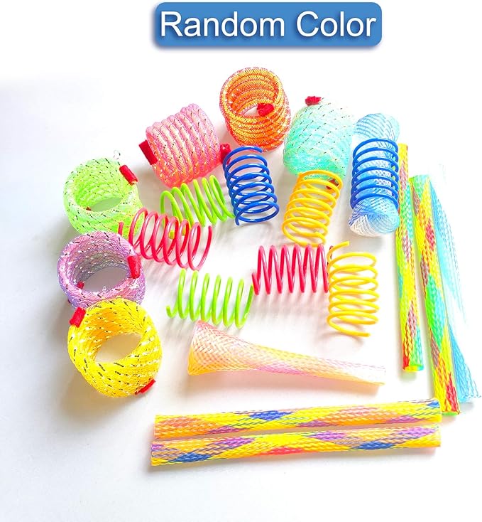 WishLotus Spring Cat Toys - 20pcs Colorful Cat Spring & Tube Toys with Telescopic Mesh Pole for Kitten Chew & Jumping Playtime