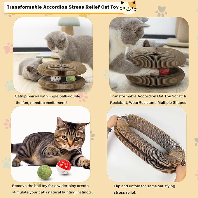 Kitty Kurlz Cat Toys Magic Organ Cat Scratcher Shape Shifting Cat Toy with Catnip Balls Cat Puzzle Toy Accordion Ultimate Interactive Kitten Toys for Indoor Cats
