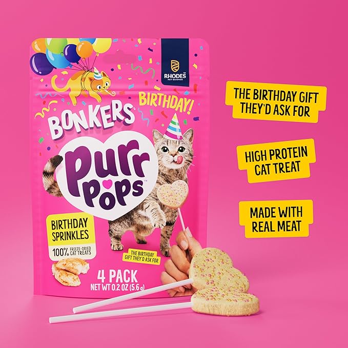 Bonkers Purrpops Birthday Edition Freeze-Dried Chicken Flavored Lollipop Treats for Cats, 4 Pieces (Pack of 13)