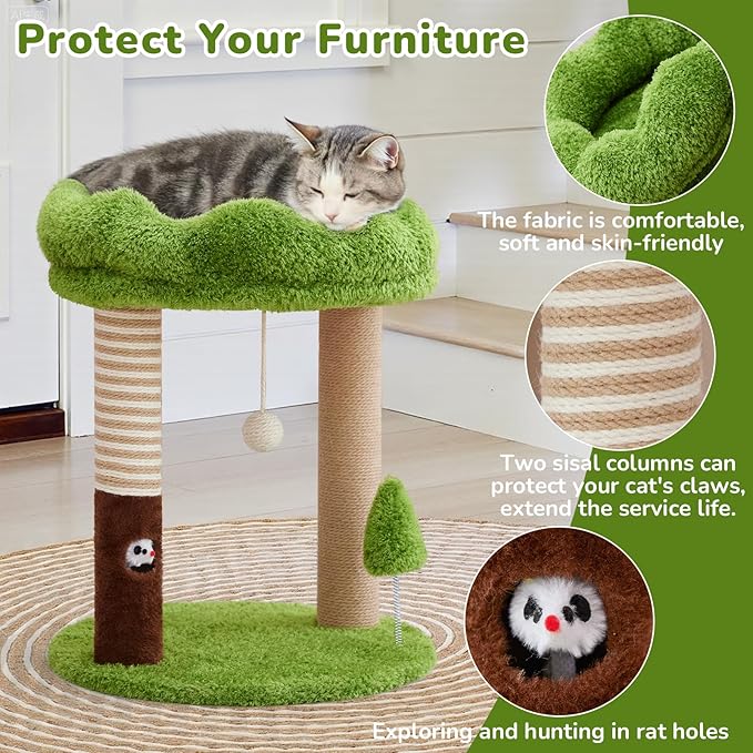 WOOCHPET Small Cat Tree with Perch Cat Bed and Removable Cover 23 inch Tall Cat Tower with 2 Scratching Sisal Scratching Posts and Cat Toys for Kittens and Adult Cats（Green）