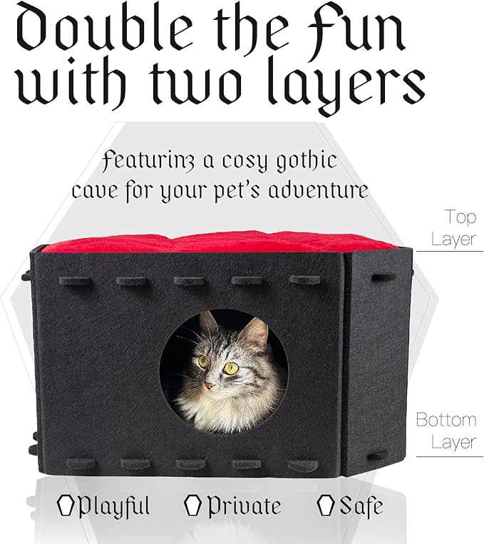 Gothic Cat Bed for Indoor Cats or Pets, Foldable as Halloween Cat House with Soft Cushion for Goth Bed, Gothic Cat House, Coffin Shape Cat Cave Bed, Black and Red Color Halloween Cat Bed