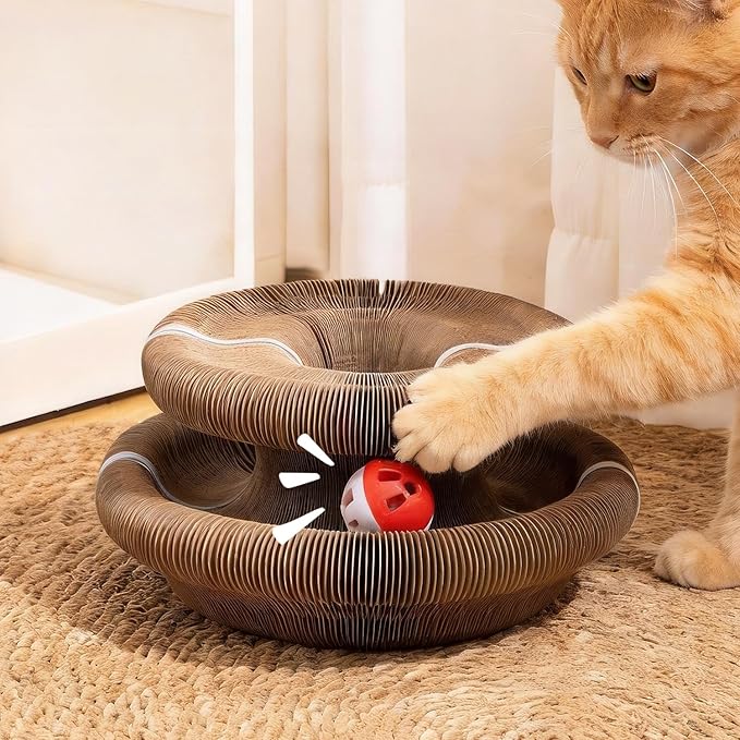Magic Organ Cat Scratcher, Foldable Accordion Scratching Board with Bell Ball, Recycled Cardboard Interactive Scratch Pad, Reversible Infinity Toy for Indoor Cats