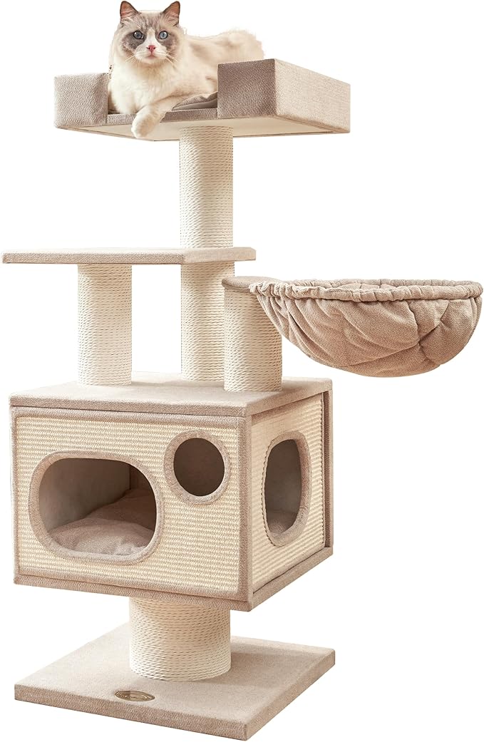 Sopapets Maine Coon Cat Tree Tower for Indoor Cats Large Adult,44.5 Inch Tall Unique Modern Cat Tree with Hammock,Sisal Scratching Post,Big Condo,Perch,Bed,Heavy Duty Luxury Sturdy Cat House,Furniture