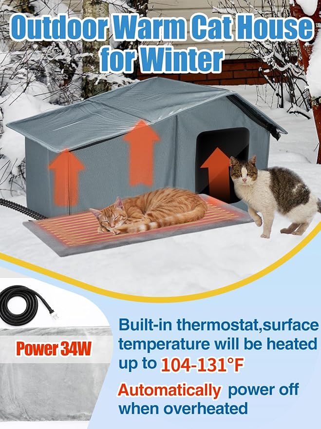 Weatherproof Heated Cat Houses for Outdoor Cats - Insulated Cat Shelter for Winter with Thermostatic Heating Pad and Escape Door, Warm Outside Pet House Gift for 2-3 Feral Cats (Large)