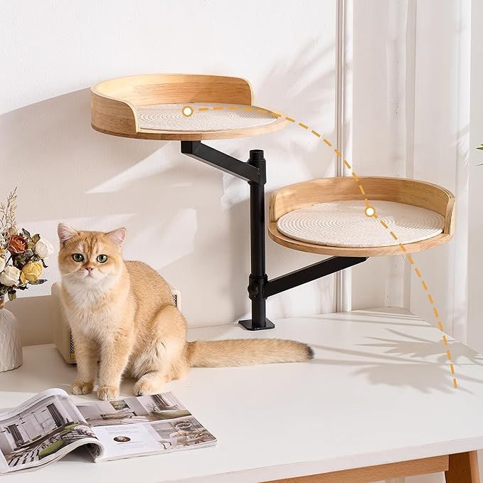 Cat Desk Bed for Indoor, 15.75" Double Cat Beds for Desk with Mats, 360° Rotating & Height Adjustable, Each Supports up to 22kg/48.5 lb, Modern Furniture for Office Desks and Gaming Tables