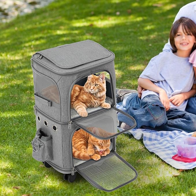 Double-Compartment Pet Carrier Backpack with Wheels for Small Cats and Dogs, Cat Rolling Carrier for 2 Cats, Perfect for Traveling/Taking a Walk/Trips to The Vet,for Up to 22 LBS (Grey)