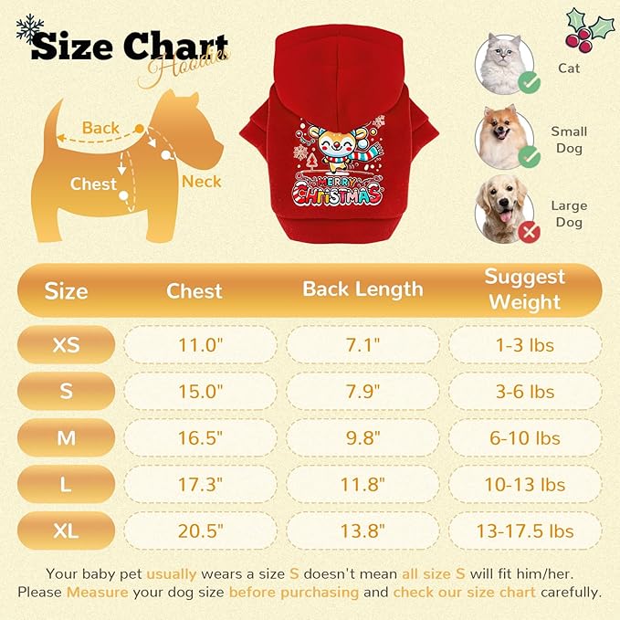 ABRRLO Small Dog Hoodie Clothes Red Christmas Dog Outfit Warm Fleece Dogs Sweater for Small Dogs Cat Boy Girl Cute Puppy Sweatshirt with Leash Hole Xmas Doggy Costume Chihuahua Yorkie(Xmas Deer,L)