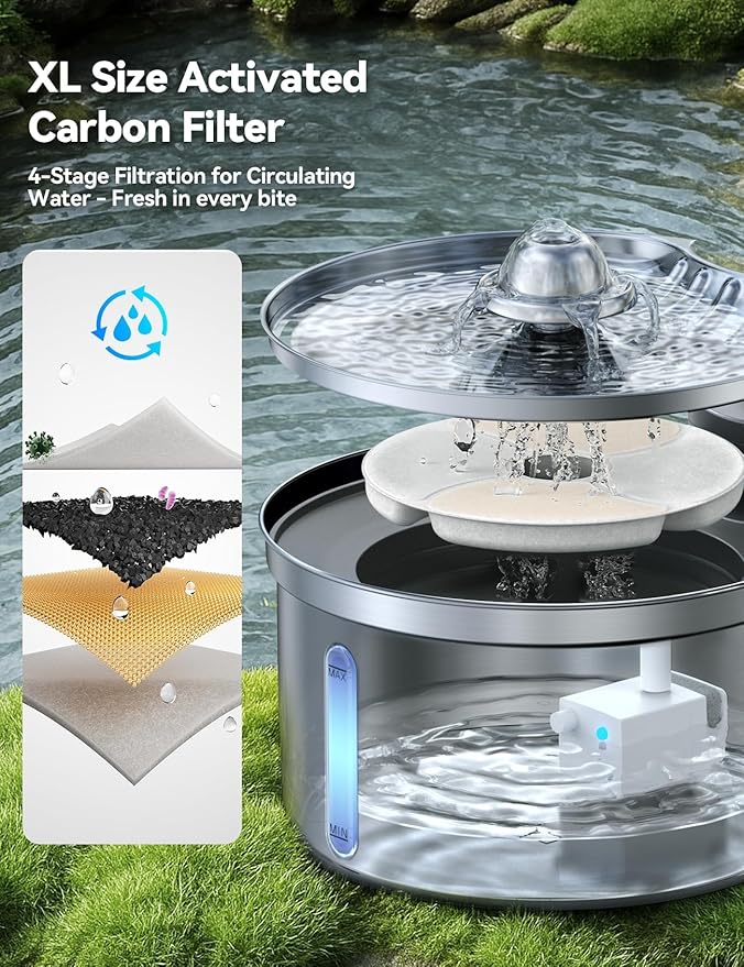 Wireless Cat Water Fountain - Safe Water-Electricity Separation, 3.5L Stainless Steel, XL Filter for Less Replacement, 4000mAh Battery, Motion Sensor & Ultra-Quiet Pump - FEELNEEDY