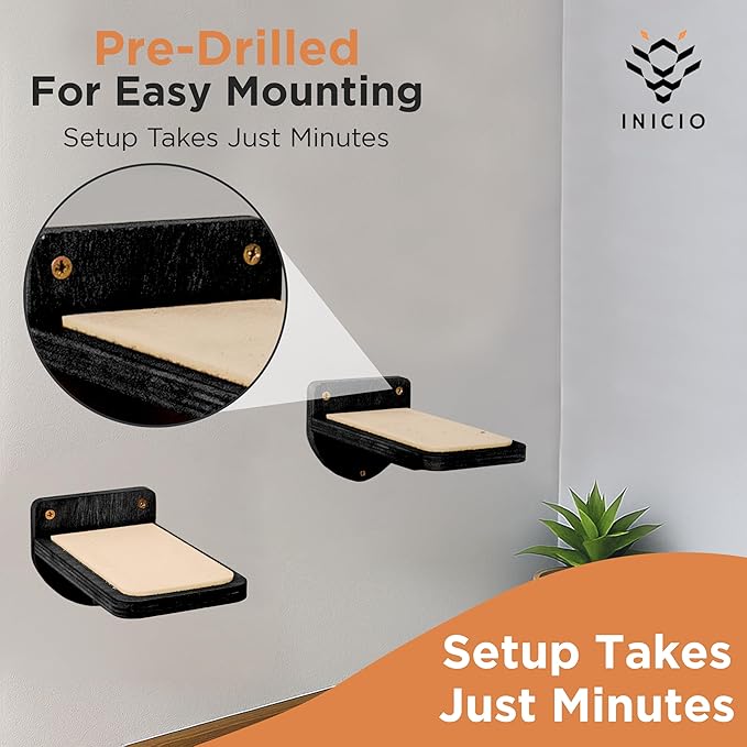 INICIO Cat Wall Steps - Set of 3 Cat Wall Stairs for Cats to Climb with Fixtures, 8.7"x4.7" - Floating Steps for Climbing or Playing - for Kittens and Adult Cats, Black