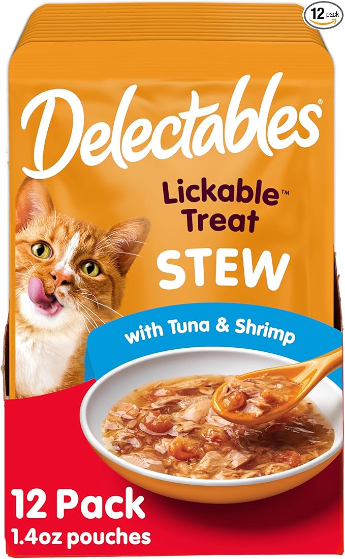Delectables Lickable Treat Stew Wet Cat Treat with Real Tuna & Shrimp, Food Topper, Hydrating, Grain-Free, No Fillers, No By-Products, No Added Preservatives, 1.4oz Pouch, 12ct
