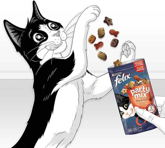 Felix Purina Party Mix Snack Cat Mixed Grill with Beef, Chicken and Salmon, 8 Packs of 60 g