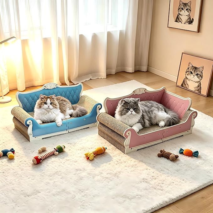 Extra Large Cat Scratcher Sofa Bed - 27.5" Durable Cat Couch & Scratching Board, Ergonomic Cardboard Lounge Furniture for Big Cats, Multi-Cat Households, Reversible Scratch Pad (Blue)
