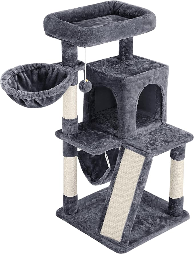 Topeakmart 40In Cat Condo for Medium Cats, Cat House with Sisal-Covered Scratching Posts & Soft Platform, Dark Gray
