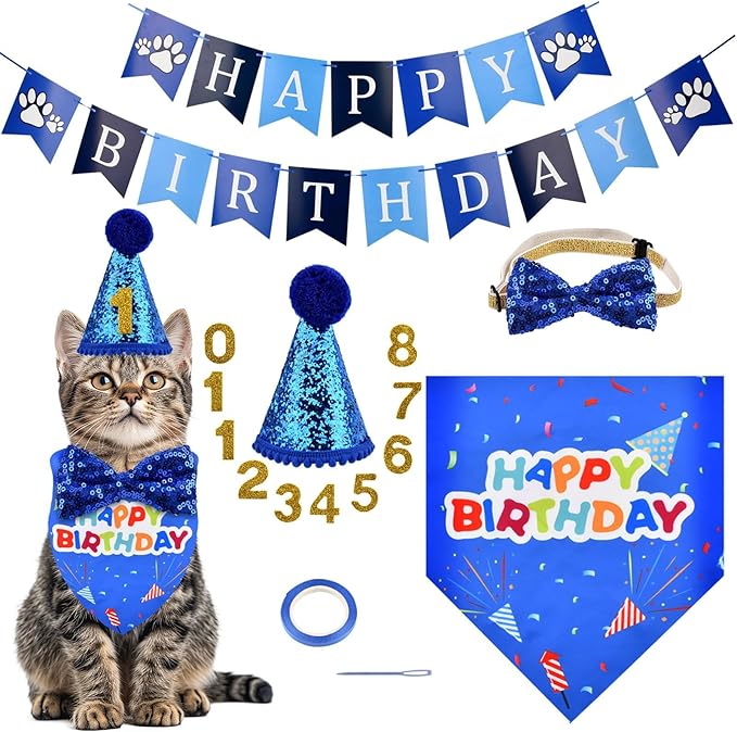 Cat Birthday Party Supplies, Adjustable Cat Birthday Hat with Numbers, Bandana, Bow Tie, Banner for Cat Kittens Decorations, Fun Pet Celebration Kit(Color:Blue)