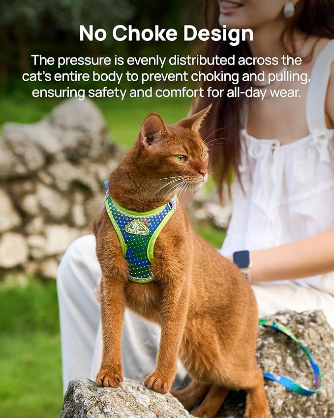 PetThem Upgraded Cat Harness and Leash Set - Step-in Escape Proof Adjustable Cat Harness, Comfortable Soft Lightweight, Reflective Harness for Walking, Travel, Camping (Hawaii Green, XS)