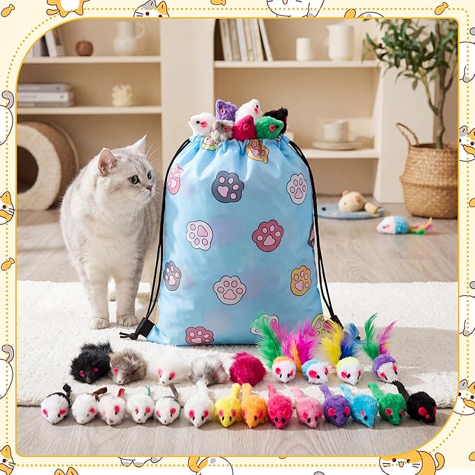Leitee 201 Pcs Assorted Mice Cat Toys Bulk with Cat Paw Gift Storage Bags Set, Small Furry Mouse Kitten Toy for Indoor Cats, Interactive Play Color Varies (Mix Mice)