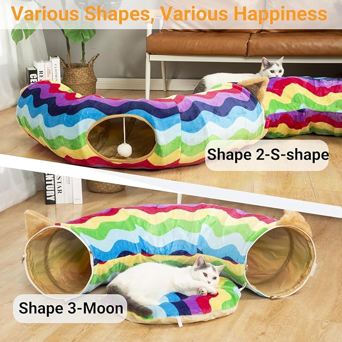 Large Cat Tunnel Bed Under Christmas Tree with Fluffy Toy Balls, Small Cushion and Flexible Design- 10 inch Diameter, 3 ft Length- Great for Cats, and Small Dogs, Rainbow Wave Color