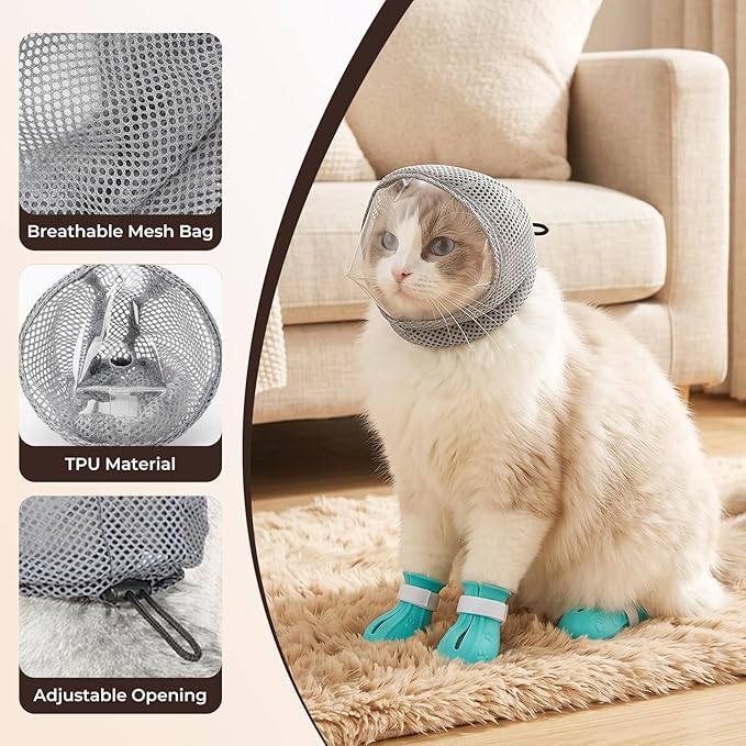 Adjustable cat Muzzle for Grooming and bite Prevention; Breathable TPU pet Muzzle; Comes with 4 Pairs of Silicone Anti-Scratch Gloves; Ideal for Nail Trimming, Bathing, and Veterinary use