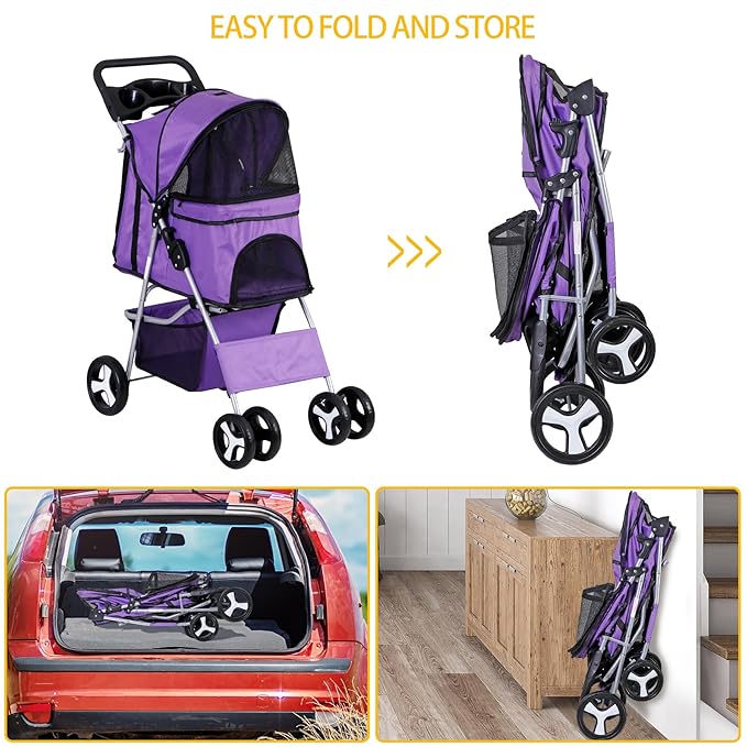 4 Wheels Foldable Pet Dog Cat Jogger Stroller Travel Carrier Strolling Cart w/Waterproof Cover Storage Basket Cup Holder & Removable Liner for Medium Small Cat Dog, Purple