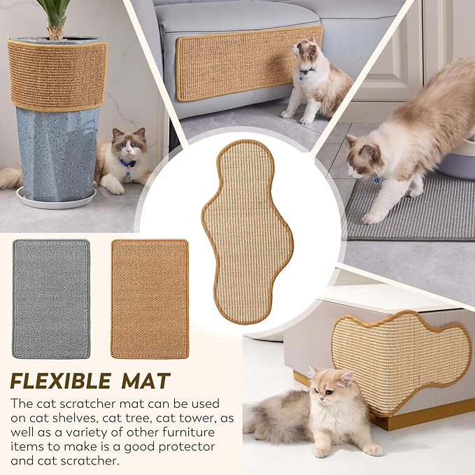 Sisal Cat Scratcher Mat with Sticky Tapes, 23.6" x 11.8" Cat Scratching Carpet for Indoor Cats, Horizontal Cat Scratcher for Cat House, Scratching Posts, and Couch Protection(Cactus)