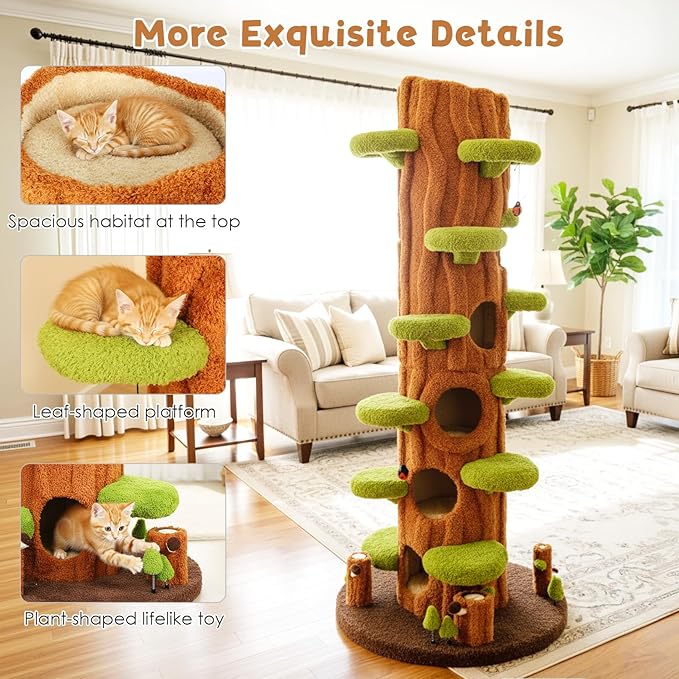 NUNU LAB 90.5 Inch Tall Large Cat Tree, Magic Forest Solid Wood Cat Tree Tower with Sisal Scratching Posts, Multi-Level Cat Condo with Side Hideaway Cave, Heavy Duty Cat Tree for Large Cats, Green