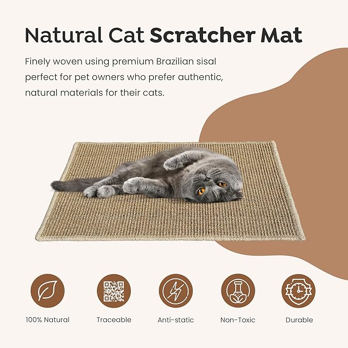 Premium Brazilian Cat Scratcher Mat – 24'' x 16'' Natural Fiber 100% Sisal with Jute Border, Ultra Durable, Scratching Pad, Doormat Rug, Protects Furniture and Carpets (Natural Brown)