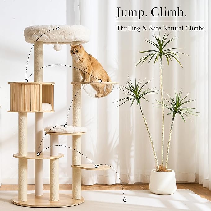 797Audio Wood Modern Cat Tree, 65" Cat Tower with Sisal Scratching Posts, Cat Condo, Capsule and Bed, Solid Wooden Aesthetic Multi-Level Cat Climbing Tree for Large Adult Indoor Maine Coon Cats-White