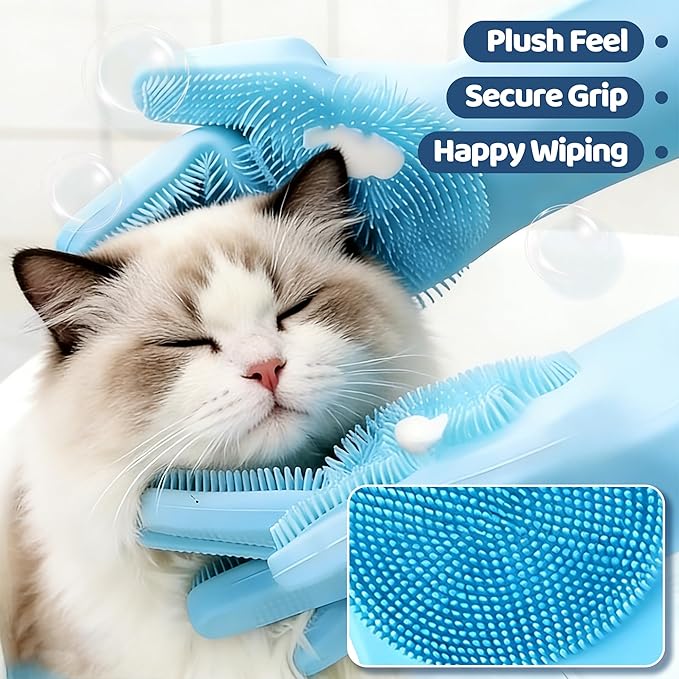 2Pcs Waterless No-Rinse Pet Shampoo Essence for Dogs & Cats with Blue Grooming Gloves | Pomegranate Scent for Skin & Coat Care | Includes 5-Finger Bathing & Massage Gloves for Dogs/Cats