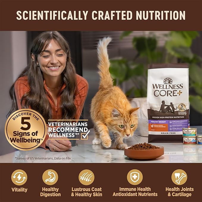 Wellness CORE+ Healthy Weight Adult Dry Cat Food, Natural, Grain Free Kibble, Chicken Recipe, 4.75 lb Bag