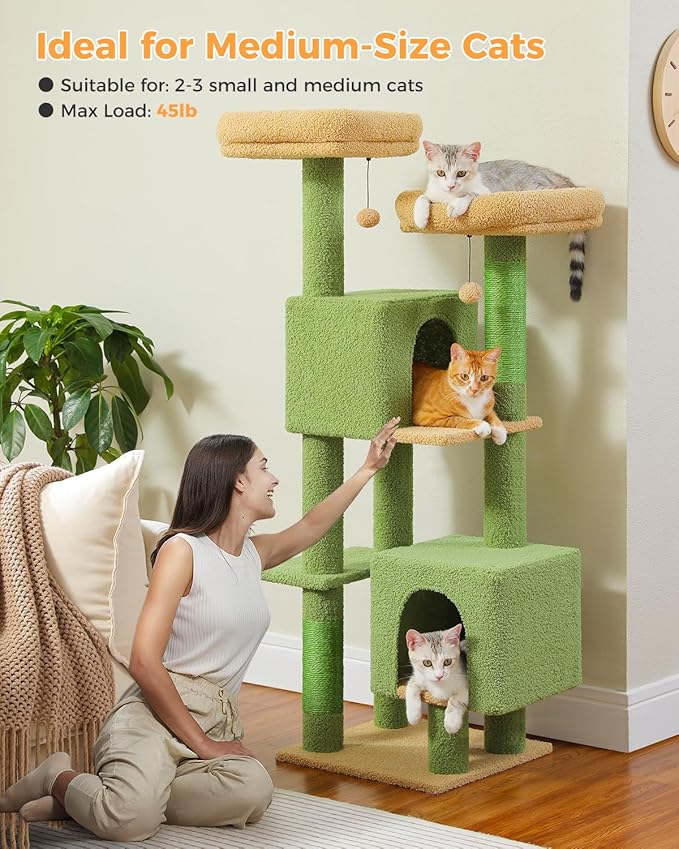 MUTTROS 52.4" Cactus Cat Tree, Cute Cat Tower for Indoor Cats with 2 Padded Perches, 2 Cozy Condos & Sisal Scratching Posts, Green